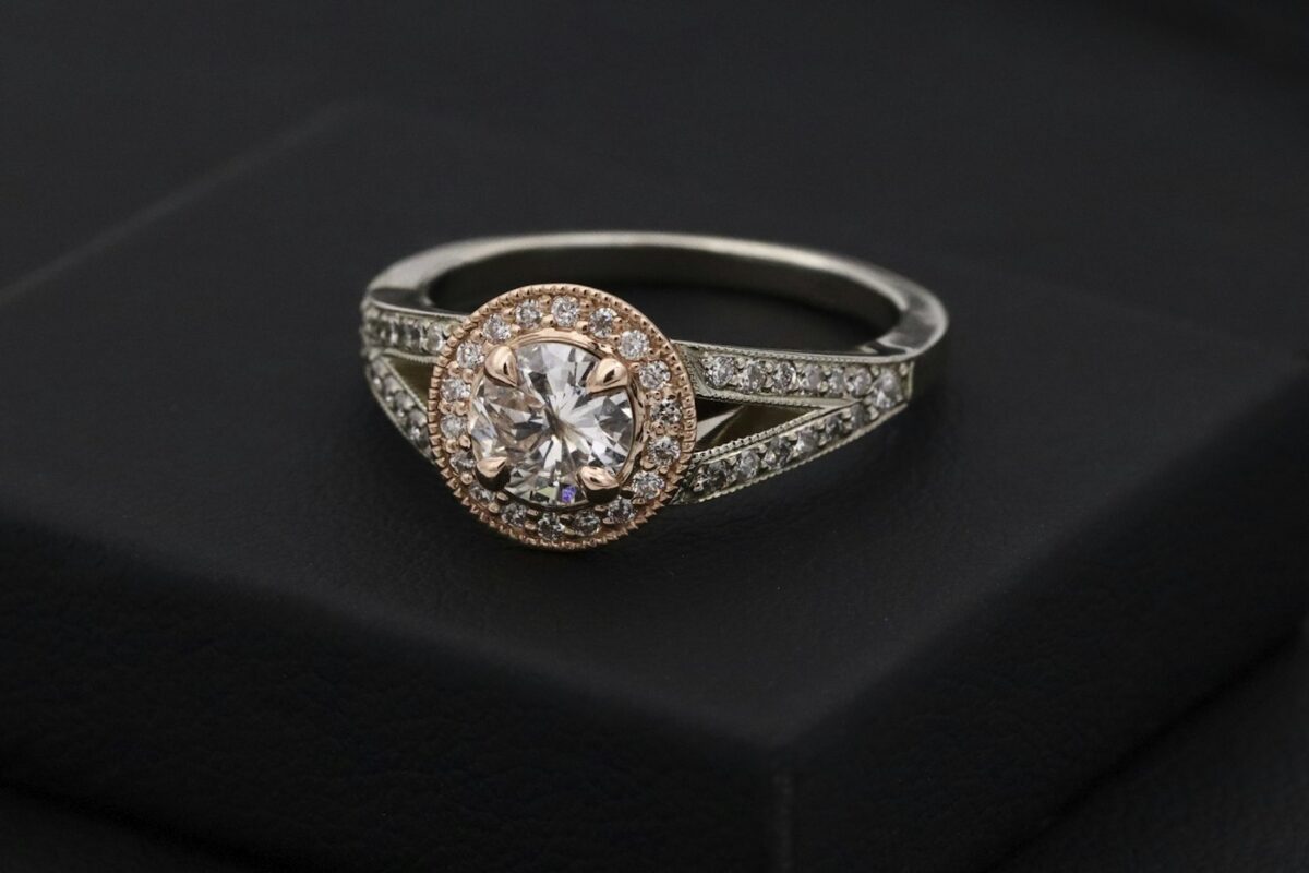 Diamond engagement ring in a black ring box