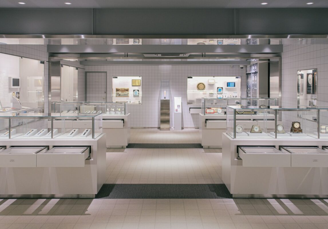 Jewelry store display cases with rings