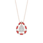 Elegant 14K Rose Gold Ladies Pendant Featuring Ruby And Diamond Accents With Round And Baguette Cut 0.50 Ct. Includes Chain For A Complete Look.