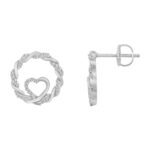 LADIES 10K WHITE GOLD 0.15CT TWISTED CIRCLE ROUND DIAMOND HEART EARRINGS