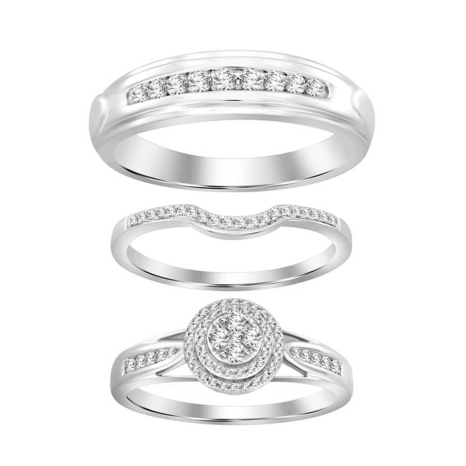 Sterling Silver White 0.50CT Round Diamond Trio Bridal Set For Women Diamond Engagement & Wedding Ring Set 1 Sterling Silver White 0.50CT Round Diamond Trio Bridal Set For Women Diamond Engagement & Wedding Ring Set - Image 1