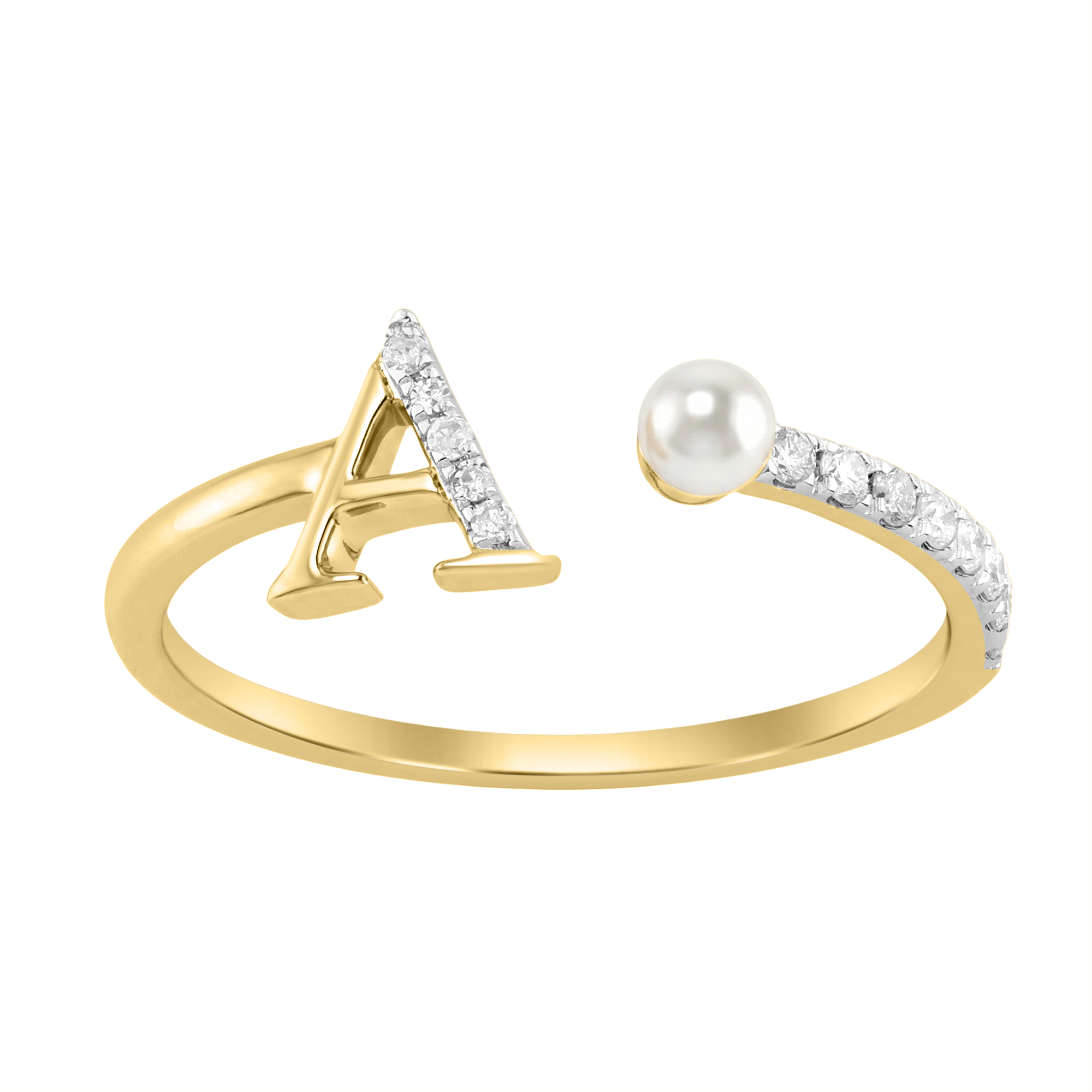 10K Yellow Gold Ladies 0.10CT Round Diamond Pearl “A” Alphabet Ring Elegant Initial Jewelry 1 10K Yellow Gold Ladies 0.10CT Round Diamond Pearl “A” Alphabet Ring Elegant Initial Jewelry - Image 1