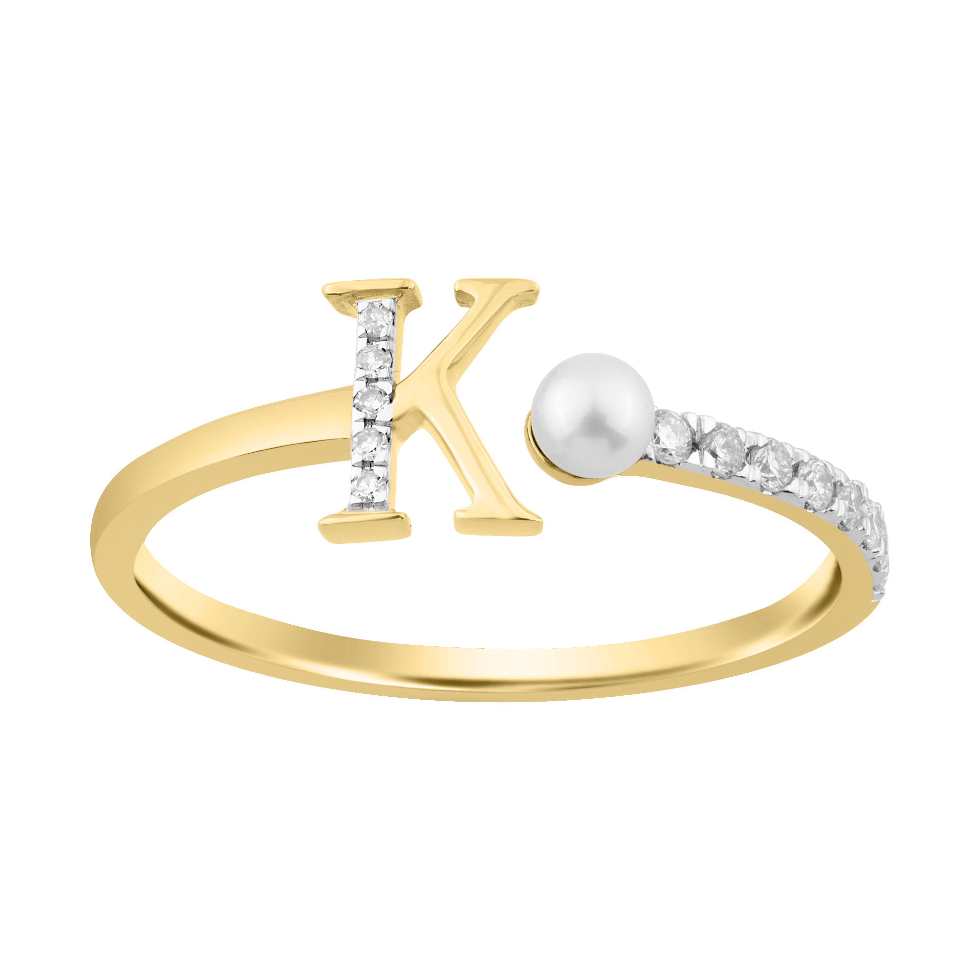 10K Yellow Gold Ladies 0.10CT Round Diamond Pearl “K” Alphabet Ring Elegant Initial Jewelry 1 10K Yellow Gold Ladies 0.10CT Round Diamond Pearl “K” Alphabet Ring Elegant Initial Jewelry - Image 1