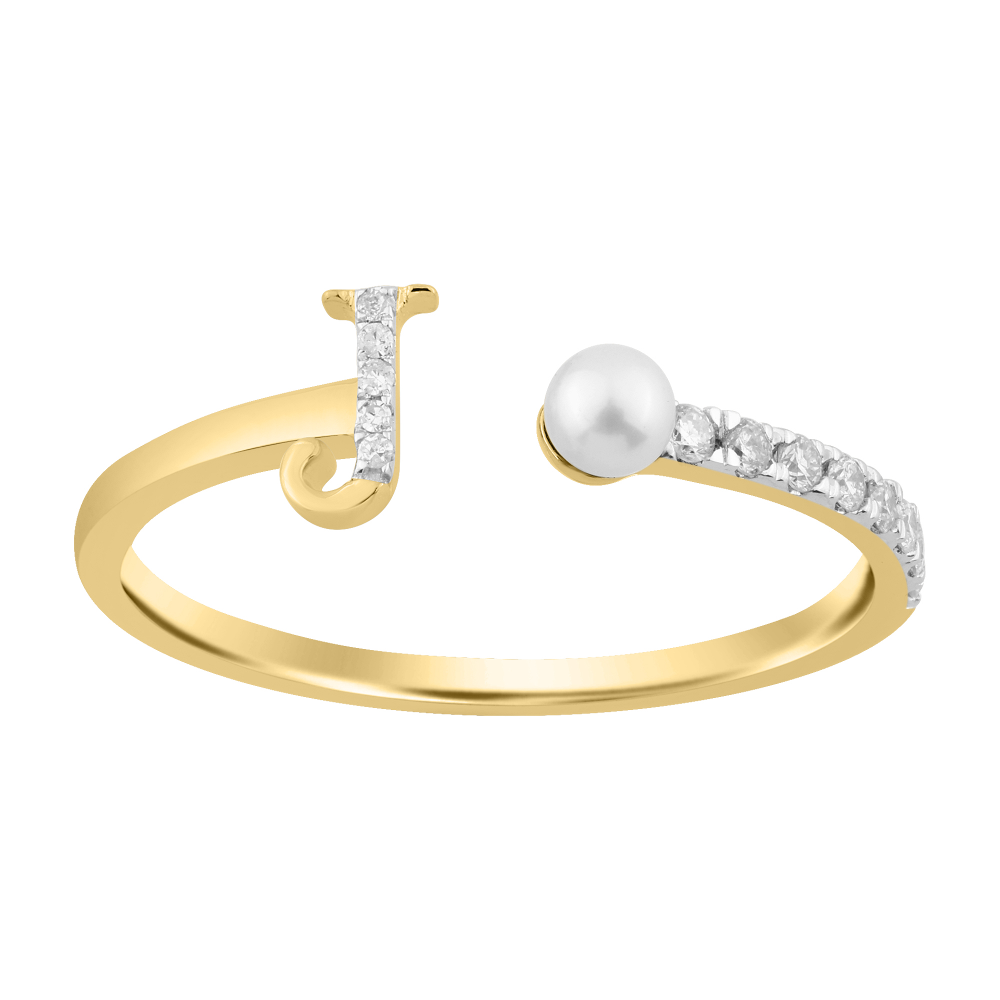 10K Yellow Gold Ladies 0.10CT Round Diamond Pearl “J” Alphabet Ring Elegant Initial Jewelry 1 10K Yellow Gold Ladies 0.10CT Round Diamond Pearl “J” Alphabet Ring Elegant Initial Jewelry - Image 1
