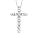 LADIES CROSS PENDANT WITH CHAIN 1CT ROUND DIAMOND 14K WHITE GOLD