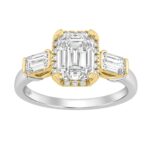 14K White/Yellow Gold 2 3/4Ct Round & Emerald Cut Lab-Grown Diamond Three-Stone Ladies Engagement Bridal Ring 2Ct Emerald Center Stone (Color F-G -Cla