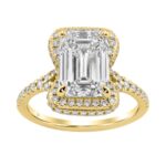 14K Yellow Gold 4 1/2Ct Ladies Emerald-Cut Halo Engagement Ring 4Ct Emerald Center Stone & Round Diamond (Color F-G -Clarity Vs1/Vs2)