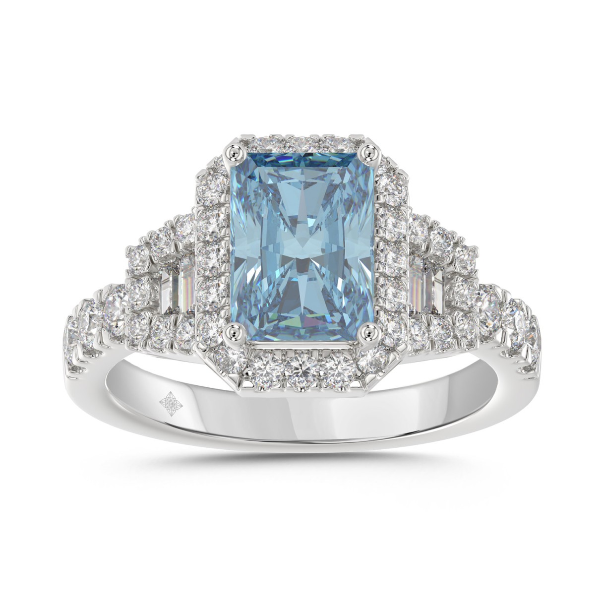 14K WHITE GOLD 2 3/4CT ROUND/BAGUETTE/RADIANT DIAMOND LADIES RING (CENTER STONE BLUE RADIANT DIAMOND 2.00CT) 1 14K WHITE GOLD 2 3/4CT ROUND/BAGUETTE/RADIANT DIAMOND LADIES RING (CENTER STONE BLUE RADIANT DIAMOND 2.00CT) - Image 1