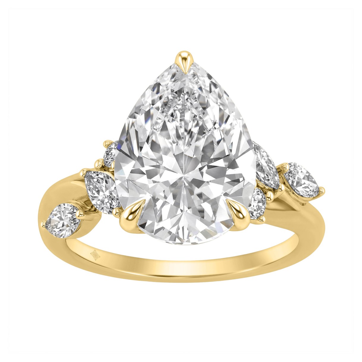 14K Yellow Gold 5 1/2Ct Lab-Grown Diamond Engagement Ring For Women 5Ct Pear Center Stone With Marquise/Round Side Stones, Luxury Bridal Ring (Color F 1 14K Yellow Gold 5 1/2Ct Lab-Grown Diamond Engagement Ring For Women 5Ct Pear Center Stone With Marquise/Round Side Stones, Luxury Bridal Ring (Color F - Image 1