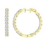 LADIES HOOP EARRINGS 5CT ROUND DIAMOND 14K YELLOW GOLD - Image 2