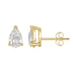 LADIES SOLITAIRE EARRINGS 3CT PEAR DIAMOND 14K YELLOW GOLD - Image 2