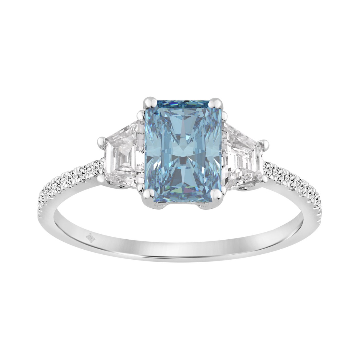 14K White Gold 1 1/2CT Trapezoid/Round/Radiant Cut Blue Diamond Three-Stone Engagement Ladies Ring 1.00CT Radiant Center stone (Color F-G -Clarity V 1 14K White Gold 1 1/2CT Trapezoid/Round/Radiant Cut Blue Diamond Three-Stone Engagement Ladies Ring 1.00CT Radiant Center stone (Color F-G -Clarity V - Image 1
