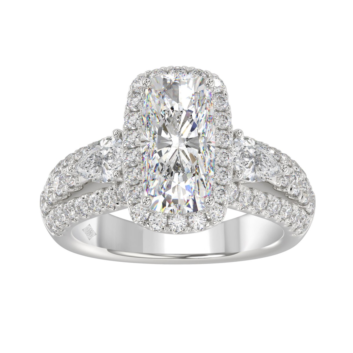 Ladies 14K White Gold 3 1/2CT Featuring Fashion Ring with Round, Pear & Cushion Diamond 2.00CT Cushion Center stone (Color F-G -Clarity VS1/VS2) 1 Ladies 14K White Gold 3 1/2CT Featuring Fashion Ring with Round, Pear & Cushion Diamond 2.00CT Cushion Center stone (Color F-G -Clarity VS1/VS2) - Image 1