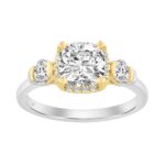 2 1/2 Ct Cushion Cut Lab-Grown Diamond Ladies Engagement Ring In 14K White/Yellow Gold Three-Stone With Round Side Stone & Oval 2Ct Cushion Center Sto