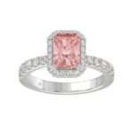 14K White Gold 4.00Ct Round Diamond Halo Ring For Women 3.00Ct Pink Radiant Cut Center Stone With Round Diamond Halo (Color F-G -Clarity Vs1/Vs2)