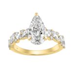 14K Yellow Gold 3.00 Ct Diamond Halo Engagement Ring For Women Elongated 2Ct Pear Cut Center Stone With Round & Marquise Side Stones, Luxury Brida