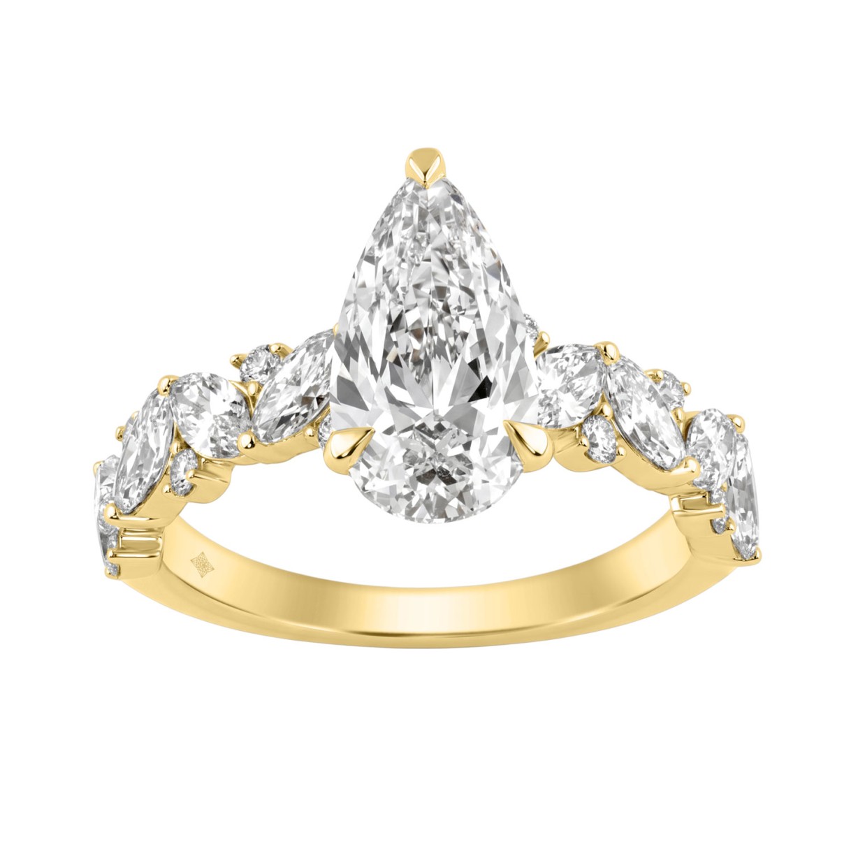 14K Yellow Gold 3.00 Ct Diamond Halo Engagement Ring For Women Elongated 2Ct Pear Cut Center Stone With Round & Marquise Side Stones, Luxury Brida 1 14K Yellow Gold 3.00 Ct Diamond Halo Engagement Ring For Women Elongated 2Ct Pear Cut Center Stone With Round & Marquise Side Stones, Luxury Brida - Image 1