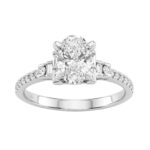 14K White Gold Lab Grown Emerald Cut Diamond Ladies Engagement Ring 1 1/4Ct With Round & Baguette Side Stones 1Ct Oval Center Stone (Color F-G -Cl