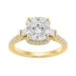 14K Yellow Gold 3 1/2Ct Cushion Cut & Baguette Lab Grown Diamond Halo Ring Round Side Stone Ladies Bridal Engagement Ring 3Ct Cushion Center Stone (Co