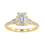 14K Yellow Gold Lab Grown Emerald Cut Diamond Ladies Engagement Ring 1 1/4Ct With Round & Baguette Side Stones 1Ct Emerald Center Stone (Color F-G
