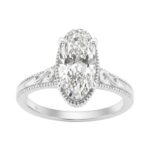 LADIES 14K White Gold 2 1/6Ct Diamond Engagement Ring Elongated Oval Cut Center With Round Side Stones, Elegant Fine Ring 2Ct Oval Center Stone (Color