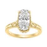 LADIES 14K Yellow Gold 2 1/6Ct Diamond Engagement Ring Elongated Cushion Cut Center With Round Side Stones, Elegant Fine Ring 2Ct Cushion Center Stone