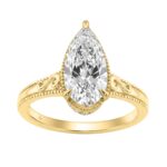 Luxury 14K Yellow Gold 2 1/6Ct Elongated Pear-Shaped Diamond Hidden Halo Ladies Engagement Ring With Round Diamonds 2Ct Pear Center Stone (Color F-G -