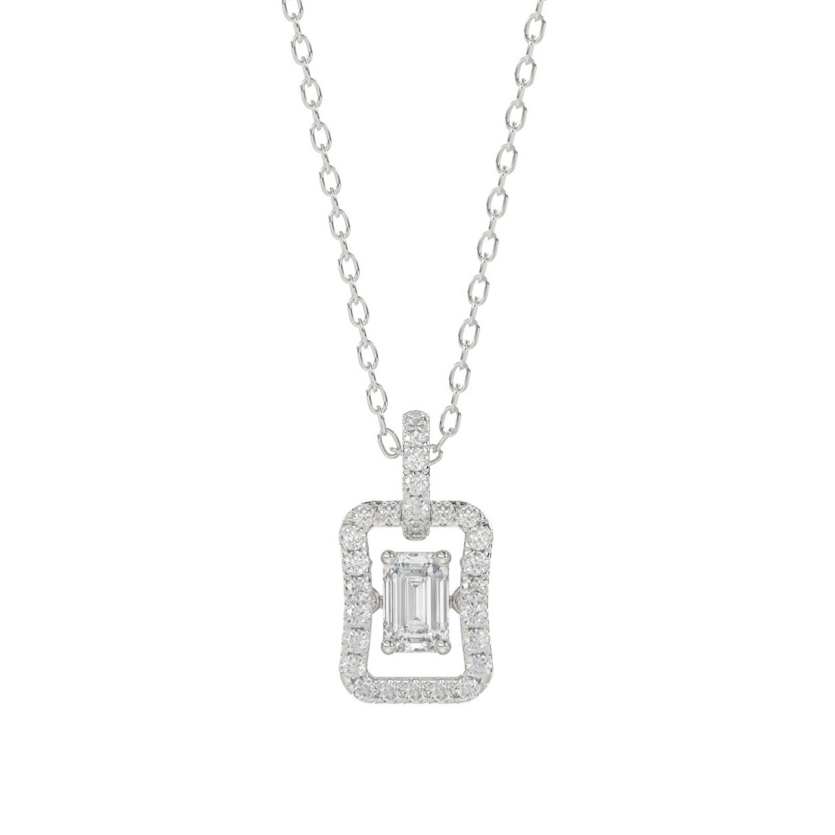 LADIES DANCING DIAMOND PENDANT WITH CHAIN 3/4CT ROUND/EMERALD DIAMOND 14K WHITE GOLD (CENTER STONE EMERALD DIAMOND 1/2CT) 1 LADIES DANCING DIAMOND PENDANT WITH CHAIN 3/4CT ROUND/EMERALD DIAMOND 14K WHITE GOLD (CENTER STONE EMERALD DIAMOND 1/2CT) - Image 1