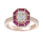LADIES RING 3/4CT ROUND/BAGUETTE/PRINCESS TRAPEZOID RUBY DIAMOND 14K ROSE GOLD