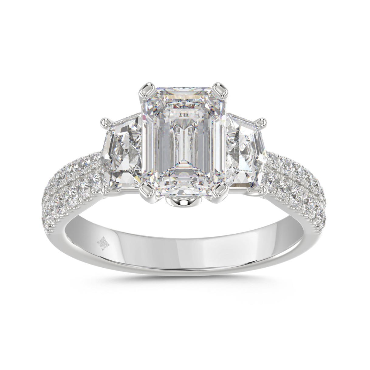 LADIES RING 3CT ROUND/EMERALD/CADILLAC DIAMOND 14K WHITE GOLD (CENTER STONE EMERALD DIAMOND 2CT ) 1 LADIES RING 3CT ROUND/EMERALD/CADILLAC DIAMOND 14K WHITE GOLD (CENTER STONE EMERALD DIAMOND 2CT ) - Image 1