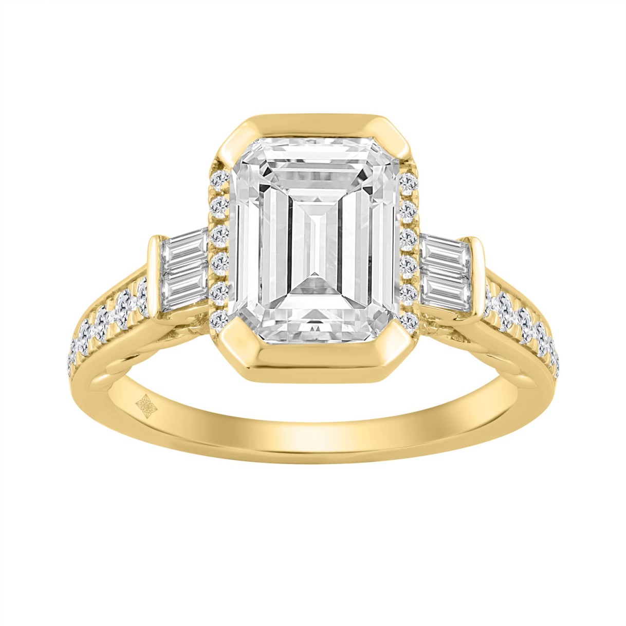 14K YELLOW GOLD 3 1/2CT ROUND/BAGUETTE/EMERALD DIAMOND LADIES RING (CENTER STONE EMERALD DIAMOND 3CT) 1 14K YELLOW GOLD 3 1/2CT ROUND/BAGUETTE/EMERALD DIAMOND LADIES RING (CENTER STONE EMERALD DIAMOND 3CT) - Image 1