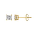 LADIES SOLITAIRE EARRINGS 1CT PRINCESS DIAMOND 14K YELLOW GOLD - Image 2