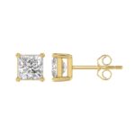 LADIES SOLITAIRE EARRINGS 2 1/2CT PRINCESS DIAMOND 14K YELLOW GOLD - Image 2