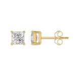 LADIES SOLITAIRE EARRINGS 2CT PRINCESS DIAMOND 14K YELLOW GOLD - Image 2