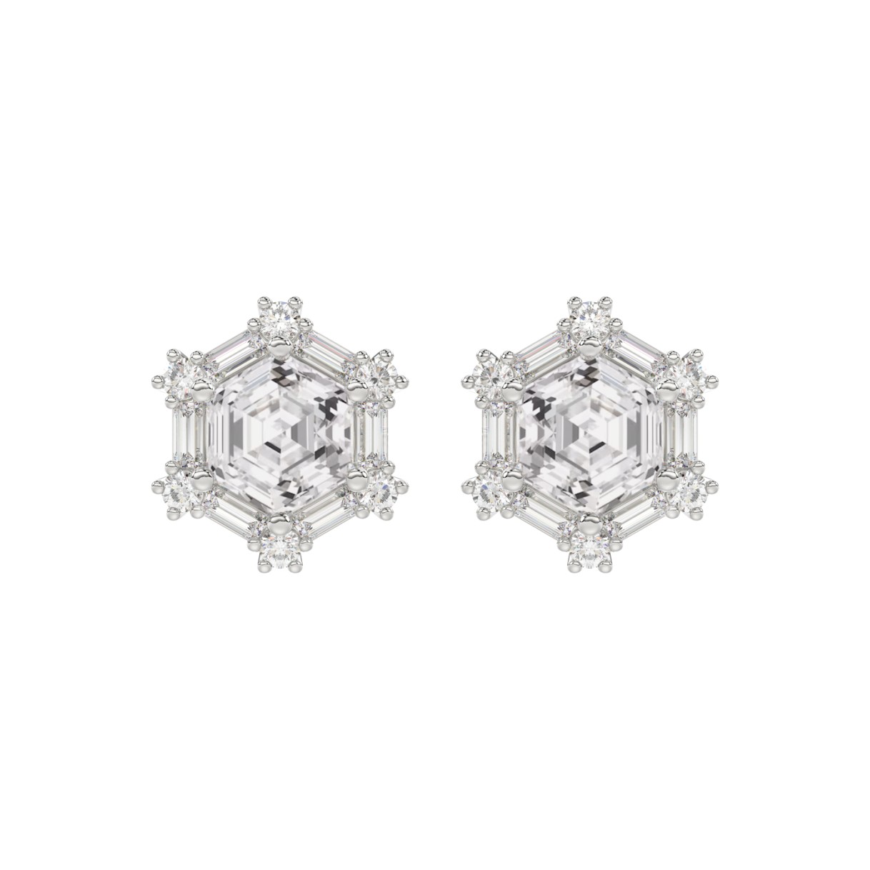 14K WHITE GOLD 1 1/4CT ROUND/BAGUETTE/HEZAGON STEP CUT DIAMOND LADIES EARRINGS 1 14K WHITE GOLD 1 1/4CT ROUND/BAGUETTE/HEZAGON STEP CUT DIAMOND LADIES EARRINGS - Image 1