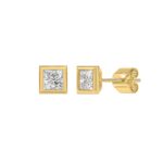 LADIES SOLITAIRE EARRINGS 1CT PRINCESS DIAMOND 14K YELLOW GOLD - Image 3