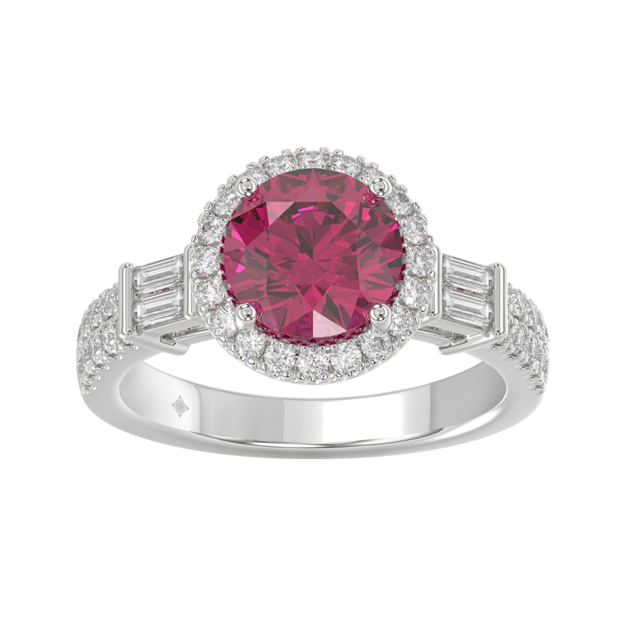 14K WHITE GOLD 2 1/2CT ROUND/BAGUETTE DIAMOND LADIES RING (CENTER STONE ROUND RUBY DIAMOND 2CT) 1 14K WHITE GOLD 2 1/2CT ROUND/BAGUETTE DIAMOND LADIES RING (CENTER STONE ROUND RUBY DIAMOND 2CT) - Image 1