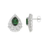 LADIES EARRINGS 4 1/2CT ROUND/MARQUISE/OVAL DIAMOND 14K WHITE GOLD (CENTER STONE GREEN EMERALD OVAL DIAMOND 2 1/2CT) - Image 3