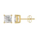LADIES SOLITAIRE EARRINGS 3CT PRINCESS DIAMOND 14K YELLOW GOLD - Image 2