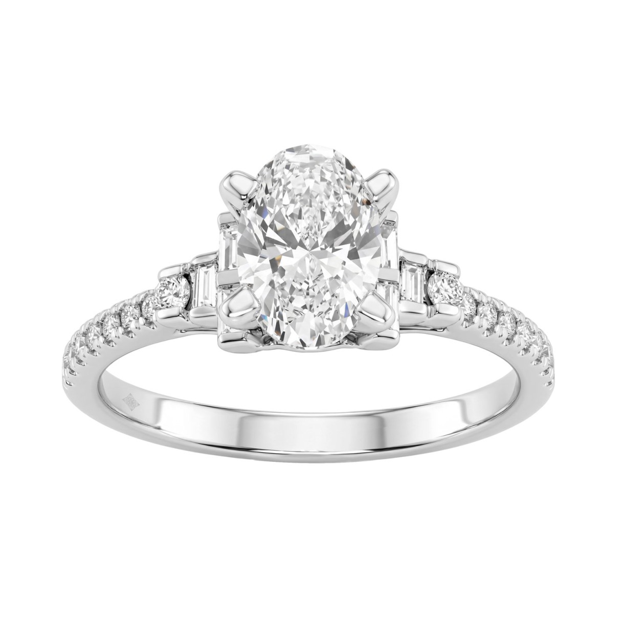 14K White Gold Lab Grown Emerald Cut Diamond Ladies Engagement Ring 1 1/4Ct With Round & Baguette Side Stones 1Ct Oval Center Stone (Color F-G -Cl 1 14K White Gold Lab Grown Emerald Cut Diamond Ladies Engagement Ring 1 1/4Ct With Round & Baguette Side Stones 1Ct Oval Center Stone (Color F-G -Cl - Image 1