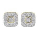 LADIES STUD EARRINGS 1.00CT ROUND/BAGUETTE DIAMOND 10K YELLOW GOLD