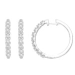 LADIES HOOP EARRINGS 0.25CT ROUND DIAMOND 10K WHITE GOLD