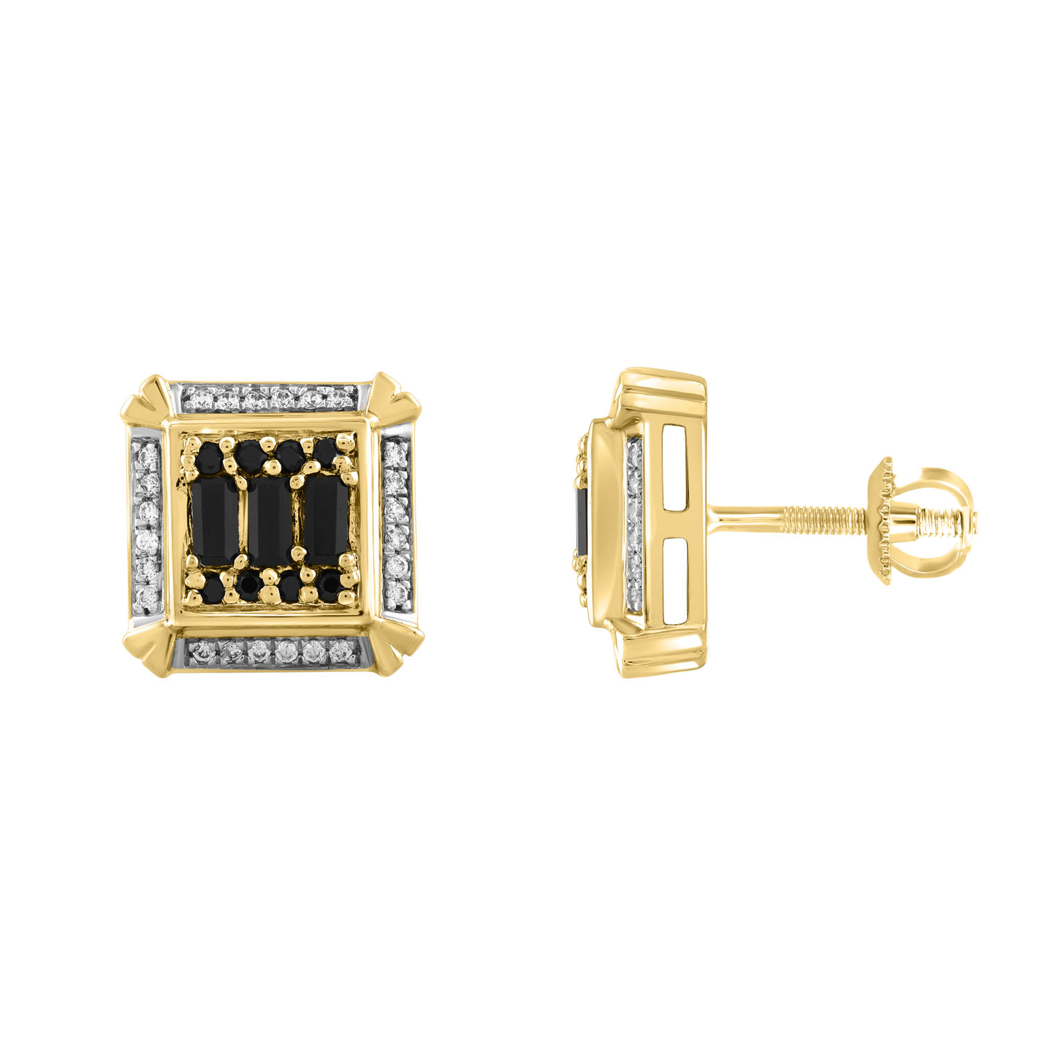 MEN'S EARRINGS 0.50CT ROUND/BLACK BAGUETTE/BLACK DIAMOND 10K YELLOW GOLD 1 MEN'S EARRINGS 0.50CT ROUND/BLACK BAGUETTE/BLACK DIAMOND 10K YELLOW GOLD - Image 1
