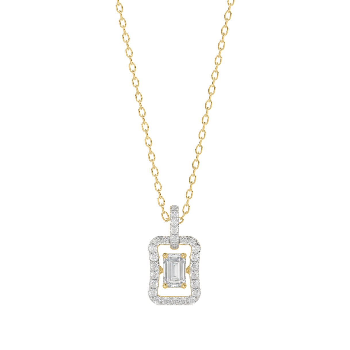 LADIES DANCING DIAMOND PENDANT WITH CHAIN 3/4CT ROUND/EMERALD DIAMOND 14K YELLOW GOLD (CENTER STONE EMERALD DIAMOND 1/2CT) 1 LADIES DANCING DIAMOND PENDANT WITH CHAIN 3/4CT ROUND/EMERALD DIAMOND 14K YELLOW GOLD (CENTER STONE EMERALD DIAMOND 1/2CT) - Image 1