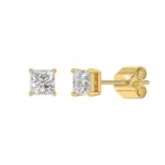 LADIES SOLITAIRE EARRINGS 1CT PRINCESS DIAMOND 14K YELLOW GOLD - Image 3