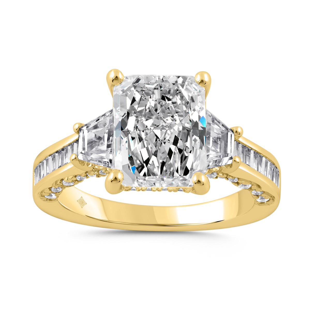 Luxury 14K Yellow Gold 4 1/4Ct Radiant & Round Lab Grown Diamond Engagement Ring 3.00Ct Radiant Center Stone With Trapezoid & Baguette Side Stones Tri 1 Luxury 14K Yellow Gold 4 1/4Ct Radiant & Round Lab Grown Diamond Engagement Ring 3.00Ct Radiant Center Stone With Trapezoid & Baguette Side Stones Tri - Image 1