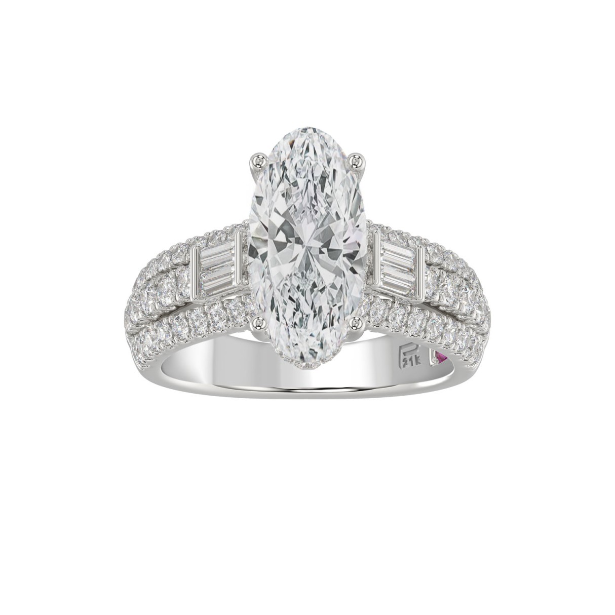 21K PLATINUM LADIES RING 4.00CT ROUND/OVAL/BAGUETTE DIAMOND (CENTER STONE OVAL DIAMOND 3CT) 1 21K PLATINUM LADIES RING 4.00CT ROUND/OVAL/BAGUETTE DIAMOND (CENTER STONE OVAL DIAMOND 3CT) - Image 1