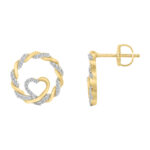 LADIES 10K YELLOW GOLD 0.15CT TWISTED CIRCLE ROUND DIAMOND HEART EARRINGS