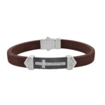 Men’S Sterling Silver White Bracelet With Brown Leather Strap And Central Black Accent – 0.25Ct