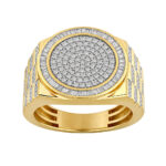Men’S 1.00Ct Round Diamond Cluster Ring In 10K Yellow Gold With Baguette Halo Ring